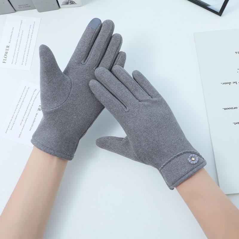 Solid Color Suede Gloves Small Flower Decor Touch Screen Gloves Winter Warm Cold-proof Split Finger Gloves