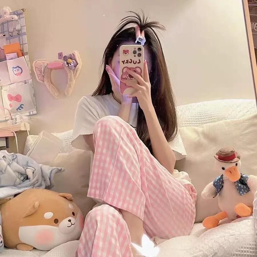 Дофаминовые клетчатые женские брюки широкие от бедра - Весна/Осень, Высокая посадка, Прямой крой, Повседневные