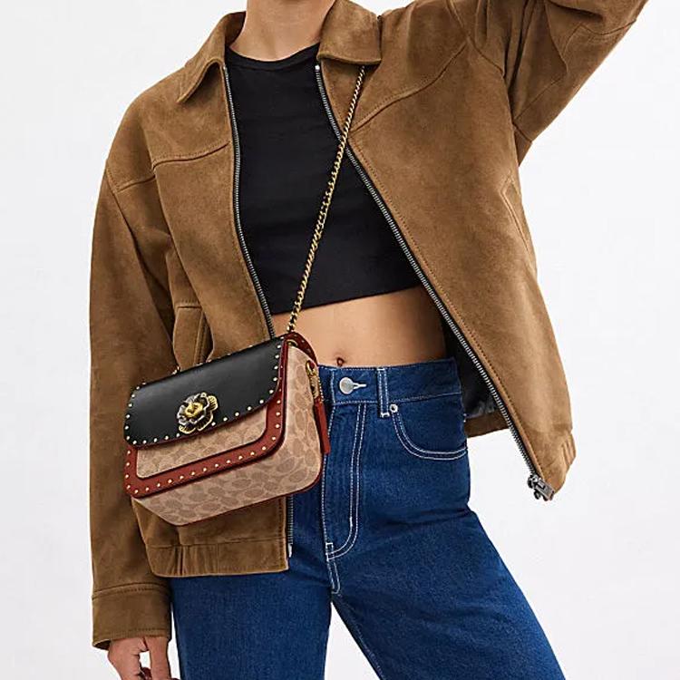 Coach Madison 19 Logo Turnlock Closure Leather And Synthetic Leather Shoulder Crossbody Bag Small Women bags Brown Yellow Red CW414-B4WG4