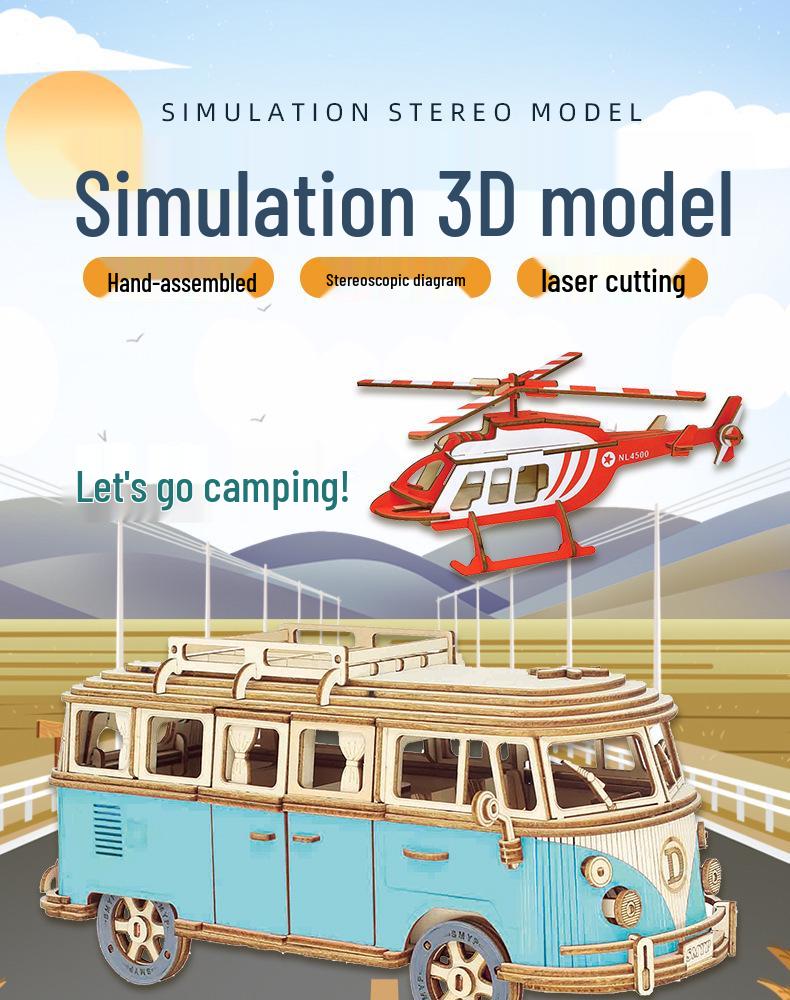 European Wooden Camper Van Jigsaw Puzzle - 3D DIY Assembly Car Model for Children