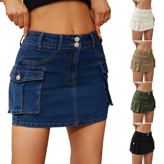 Женская мини-джинсовая юбка с низкой талией, юбка-карго с карманом, однотонная, на пуговицах, на молнии, короткая юбка, уличная одежда