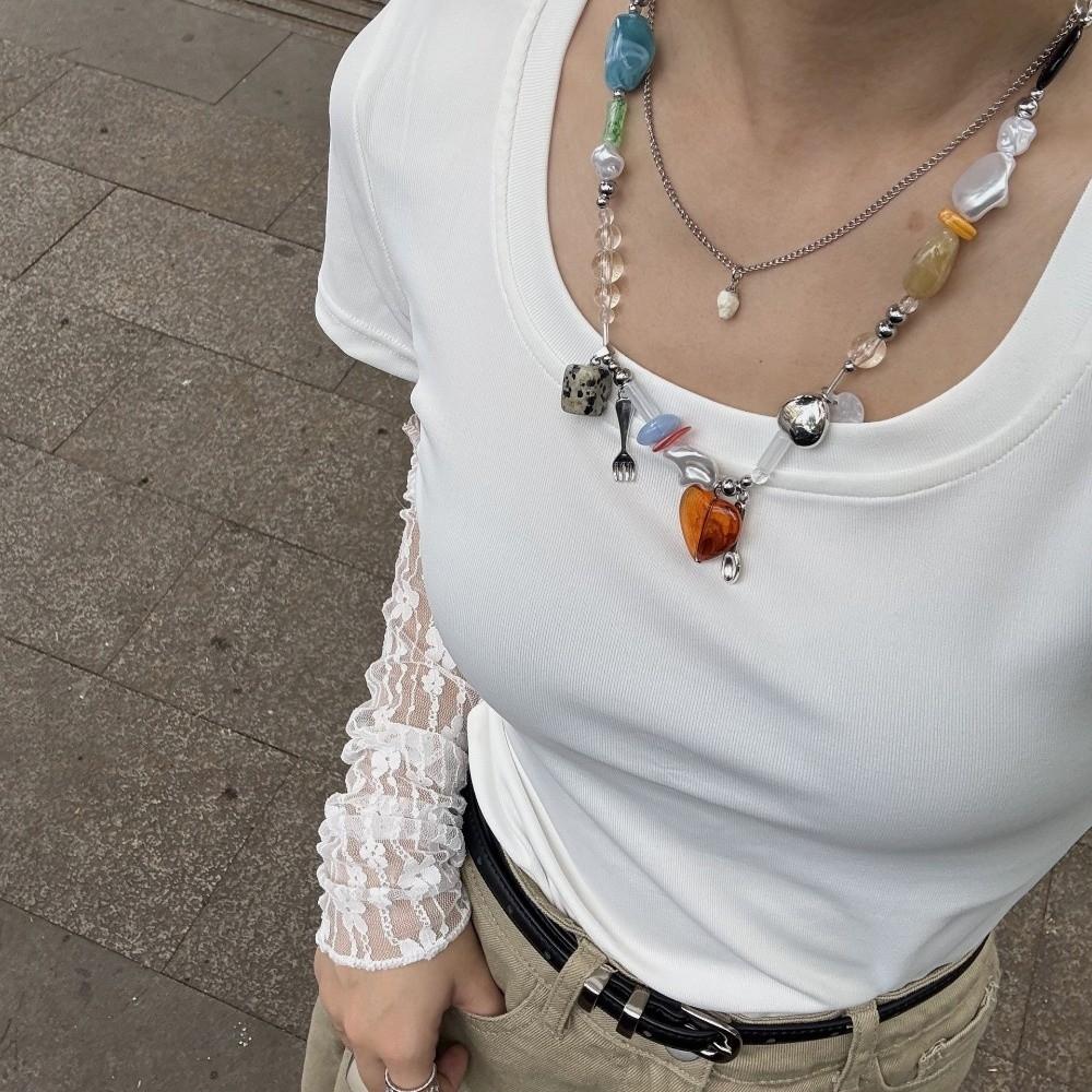 2pcs Double-layer Heart-shaped Pendant Necklace Fork Clavicle Chain Irregular Stone Necklace  Dating