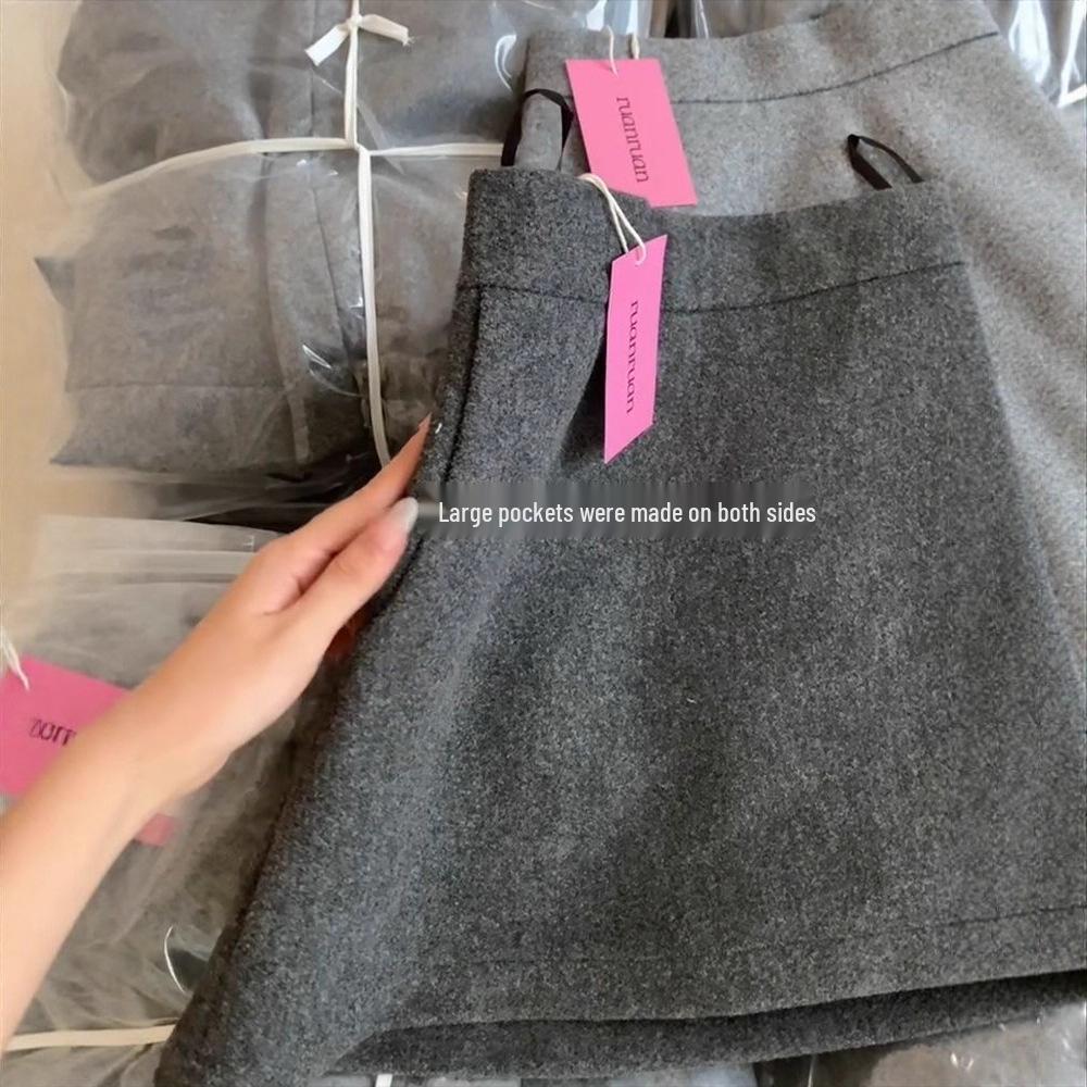 Korean Style Gray Wool High-Waist Skirt with Elastic Waistband - Versatile, Slimming, Bodycon Design