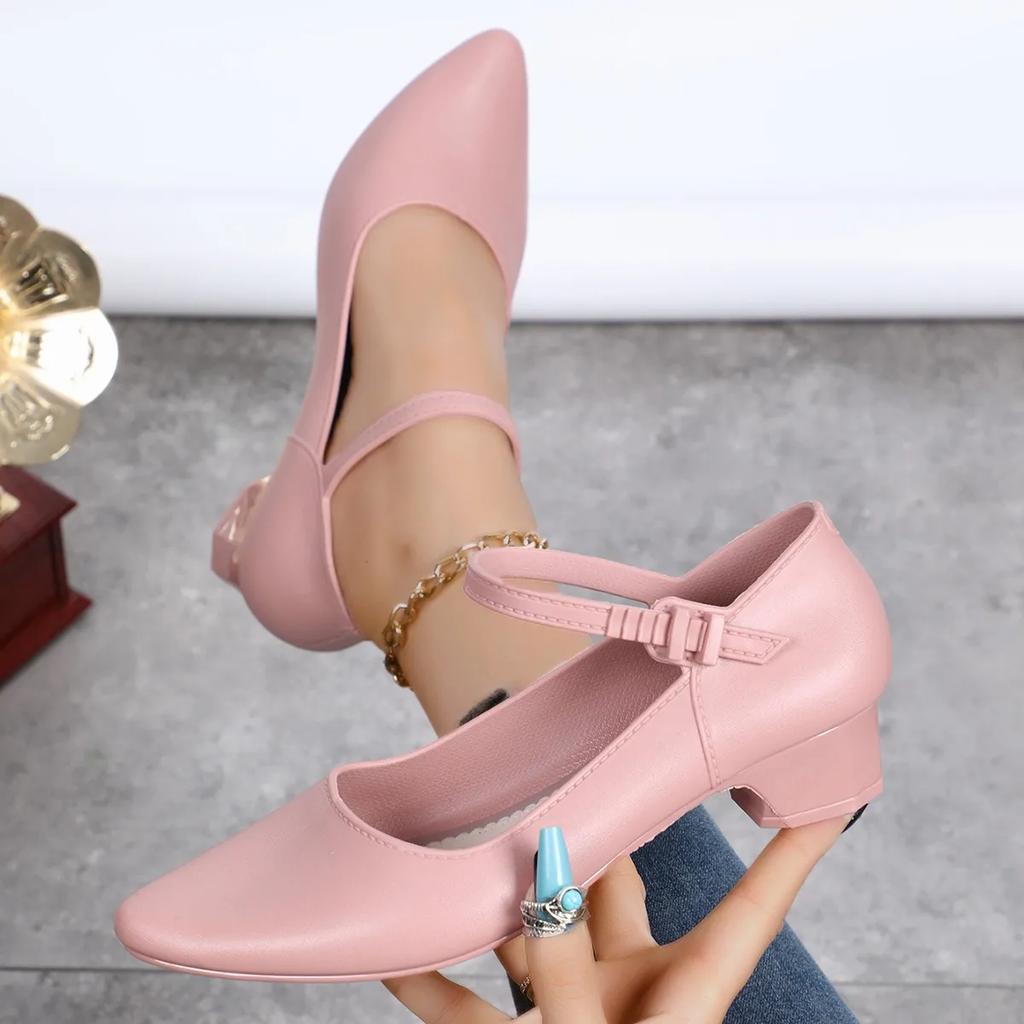 Весенние женские туфли на каблуке, новые туфли с острым носком, на толстом каблуке, с ремешком на щиколотке, для женщин, для офиса, туфли-лодочки