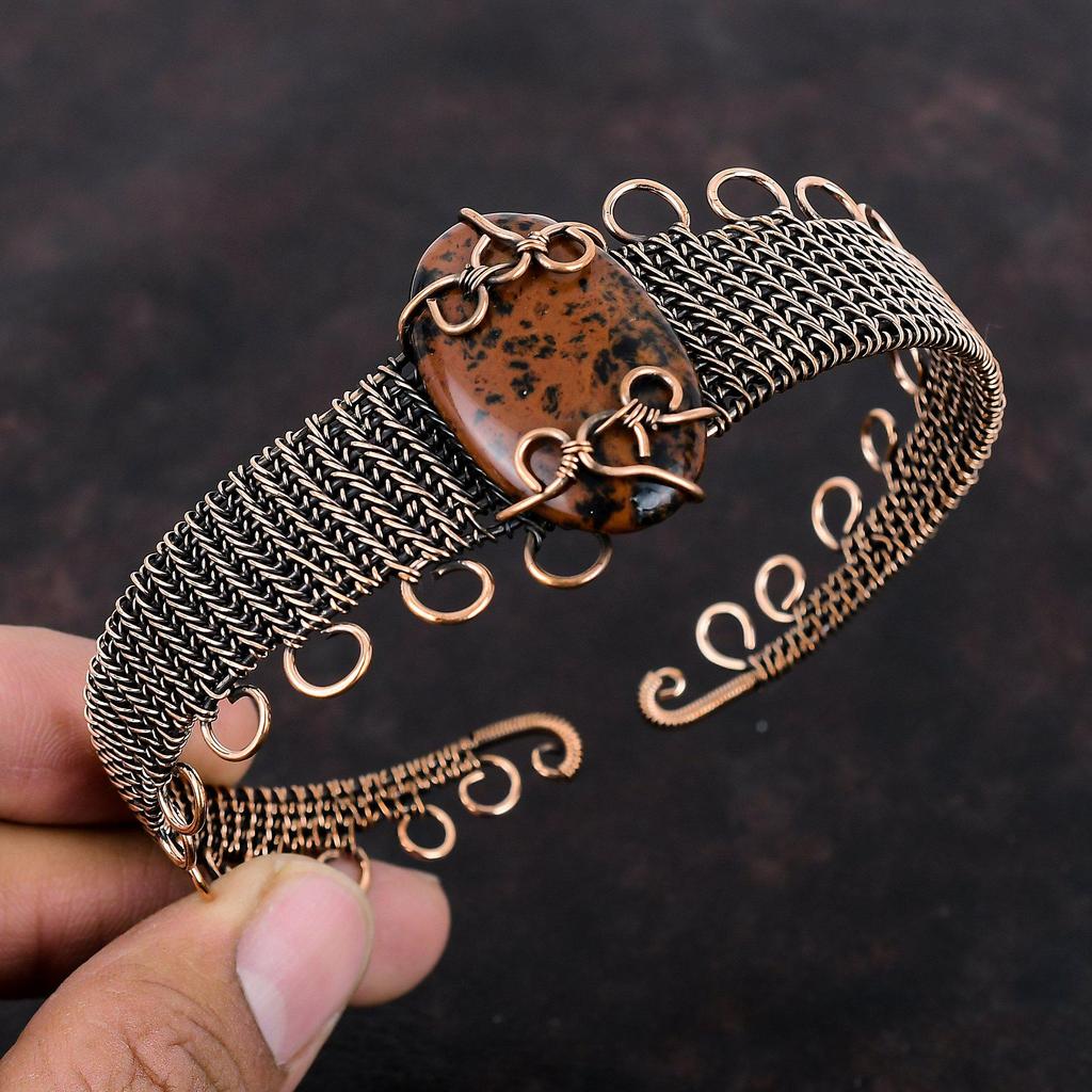 Браслет из красного дерева с обсидианом, медная проволока, браслет-манжета, драгоценный камень, регулируемый браслет, браслет ручной работы, дизайнерские медные украшения, свадебный подарок