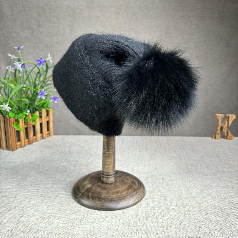 Korean Version Fox Fur Ball Knitted Hat Versatile Ear Protection Thickened Angora Rabbit Fur Flanked Plush Woolen Hat Trendy