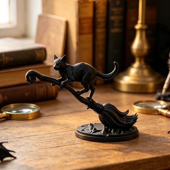 Прочная Фигурка Черной Кошки на Метле Ведьмы из PLA, 3D-Печатная Статуэтка Метлы, Хэллоуинское Украшение для Стола, Настольное Украшение для Многоуровневой Подачи, Стола,