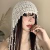 Women's Summer Hollow-out Pearl Tassel Pendant Head Wrap Hat Ethnic Style Knit Slouchy Hat Retro Face Slimming Cap