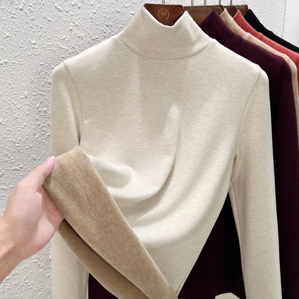 Autumn and Winter Women's Clothing Containing Wool and Silk Bottoming Shirt Women's Inner Heating Fleece Warm Turtleneck Top with Fleece and Thicker