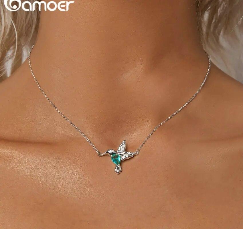 Bamoer 925 Sterling Silver White Gold Plated Hummingbird Necklace Bird Pendant Neck Chain for Women Party Fine Jewelry Gift