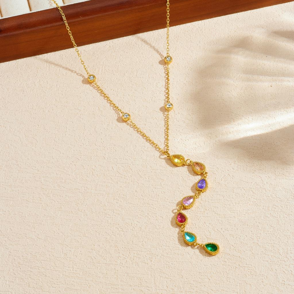 DIEYURO 316L Stainless Steel Golden Heart Water Droplet Inlay Colored Rhinestones Y-shaped Pendant Necklace Lady Fashion Jewelry
