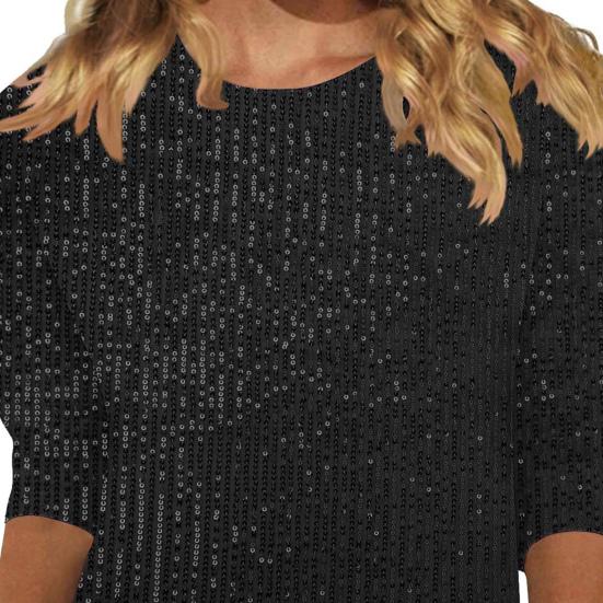 Женские топы приталенного кроя с пайетками, круглым вырезом 45720, с рукавами, футболка свободного кроя, однотонная