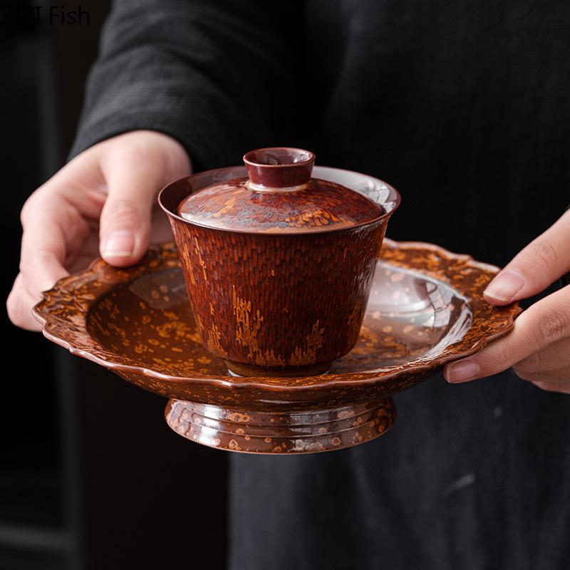 BRChestnut Brown Ceramic Tea Cup Cover Bowl Handmade Ceramic Teaset Home Vintage Thickened Kung Fu Teaset Tea Making Ceremony GiftEY