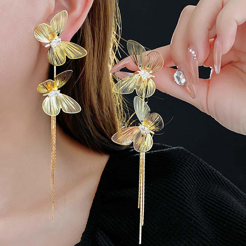 Exaggerated Crystal Butterfly Long Tassel Earrings for Women Luxury Gold Color Metal Hollow Personality Drop Earrings Zircon