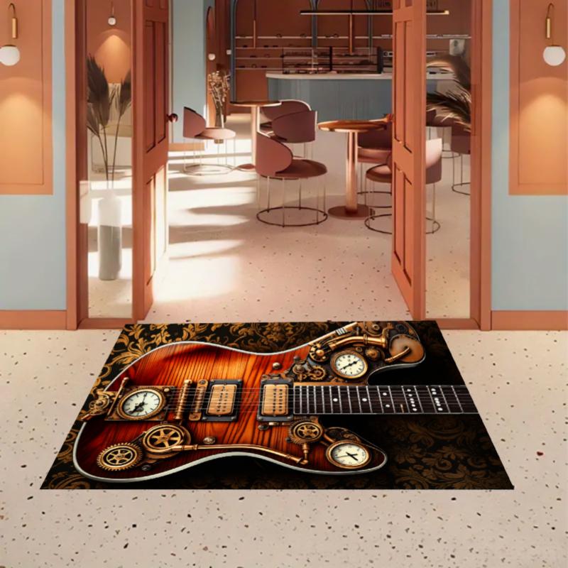 Steampunk Guitar Rug Retro Music Entryway Doormat NonSlip Easy Clean Stylish Decor Carpet for Living Room Bedroom Pet Friendly