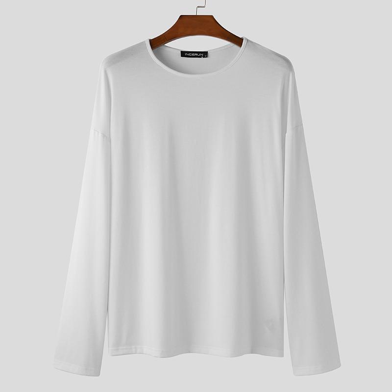 INCERUN Men Round Neck Long Sleeve Solid Color Comfy Thin Tops T-shirts