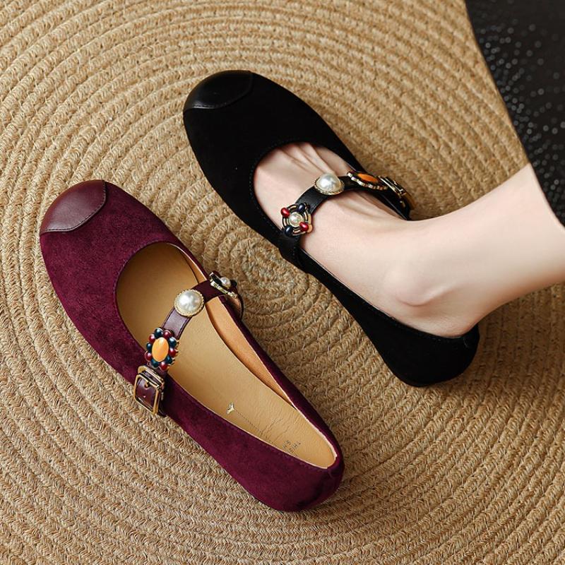 Women’s Vintage Mary Jane Flat Shoes – Burgundy Suede Low Heel Shoes with Beaded Floral Strap and Cap Toe