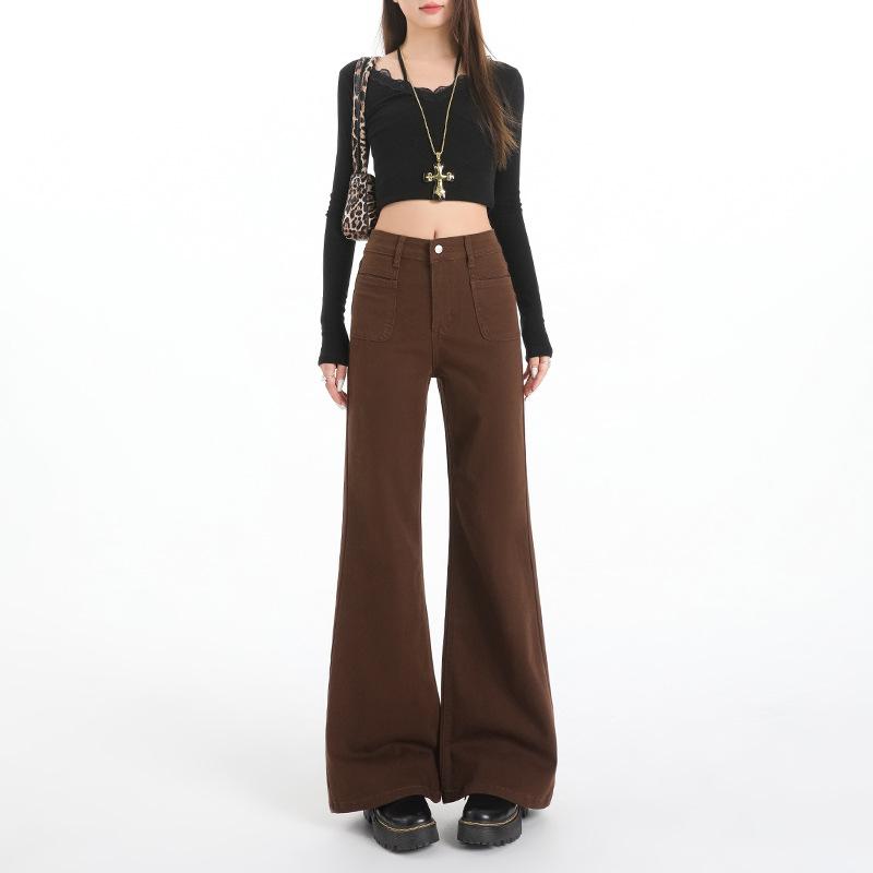 New coffee-colored high-waisted and slightly pulled jeans for women's autumn new small people loose and thin without sticking to their legs