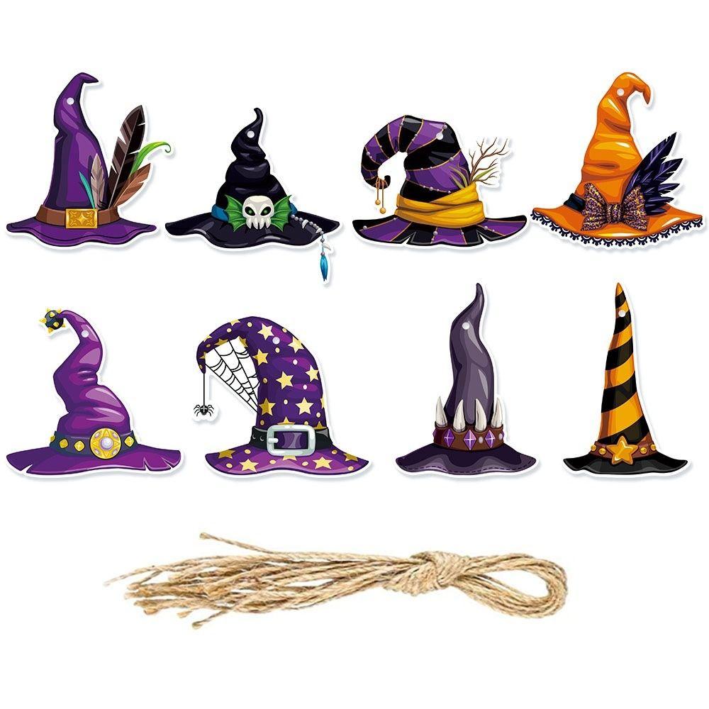 8Pcs Funny Witch Hat Hanging Paper Halloween Hanging Tag Haunted House