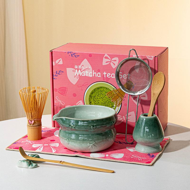 8pcs Authentic Japanese Tea Ceremony Set - Pink Ceramic Matcha Bowl with Whisk Stand