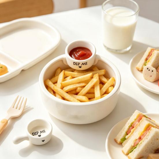 Маленькая тарелка для соусов и закусок, Миска для картофеля фри с отделением для соуса, Термостойкий керамический сервировочный прибор для закусок, Безопасен для микроволновой печи, Двухсекционная