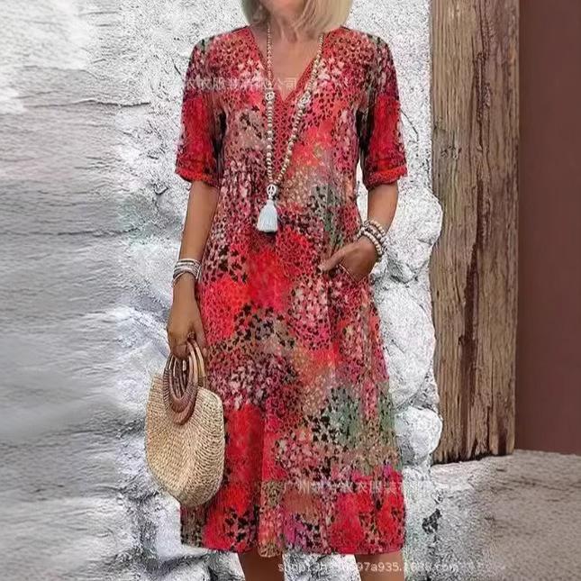 Women's V-neck Casual Summer Pocket Dress - New Print