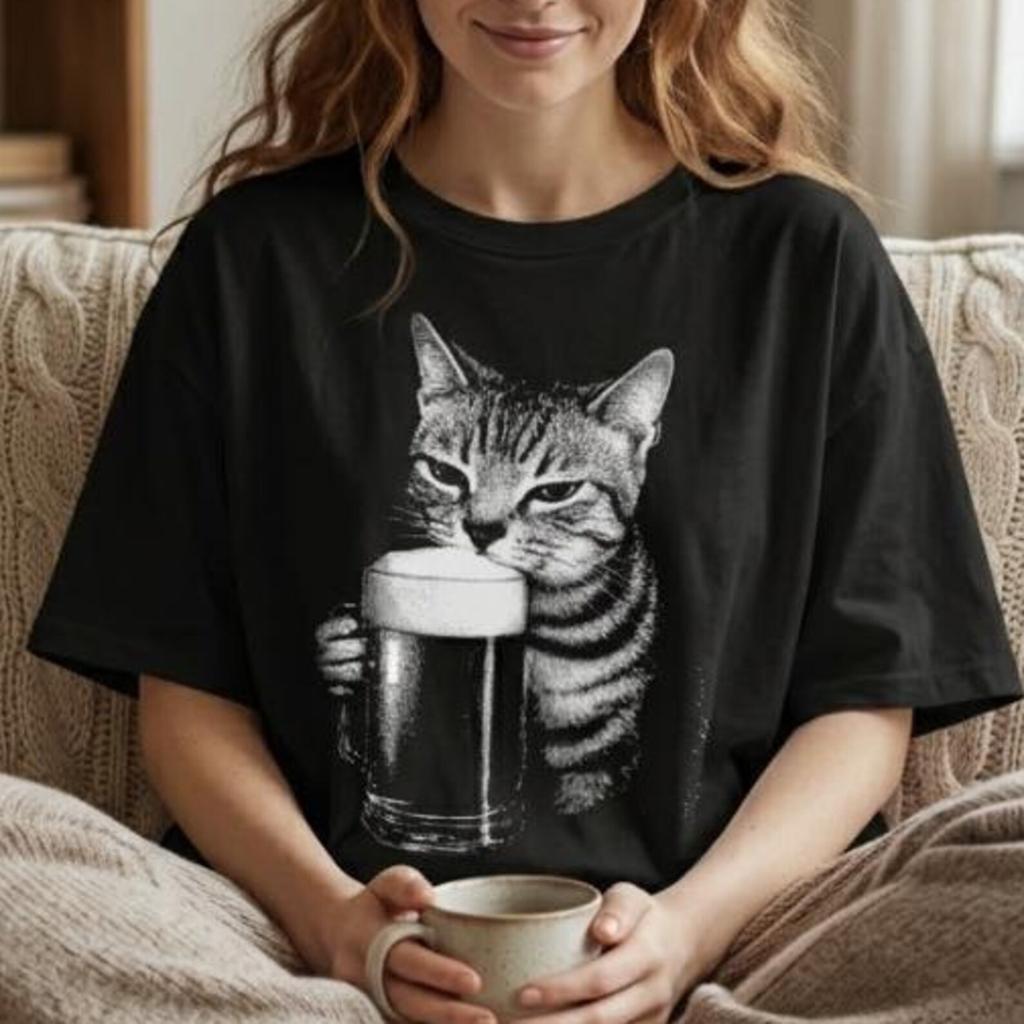 Funny Beer Cat T-Shirt, Drinking Cat Graphic Tee, Funny Cat Lover Gift, Drinking Buddy Shirt, Unisex Gildan 5000 Classic Tee