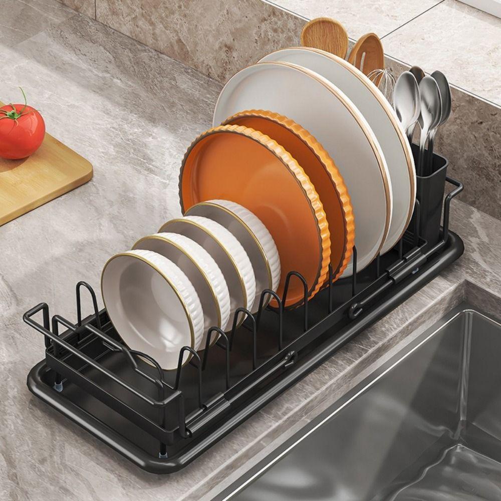 Non-Slip Expandable Dish Drying Rack Large Capacity Draining Sink Dish Drying Rack with Cutlery Holder Space Saving Dish Drainer