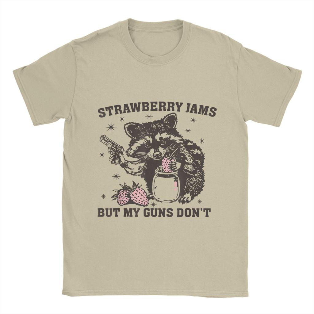 Men Strawberry Jams But My Don't Funny Raccoon T Shirt  100% Cotton Tops Leisure Short Sleeve Crewneck Tees Plus Size T-Shirts