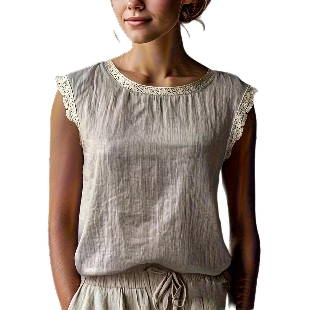 Женская ретро свободная льняная рубашка без рукавов с кружевной аппликацией 2026