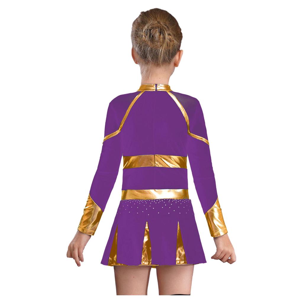 Girls Sparkly Rhinestones Letter Pattern Metallic Contrast Patchwork Long Sleeve Pleated Cheerleading Dress
