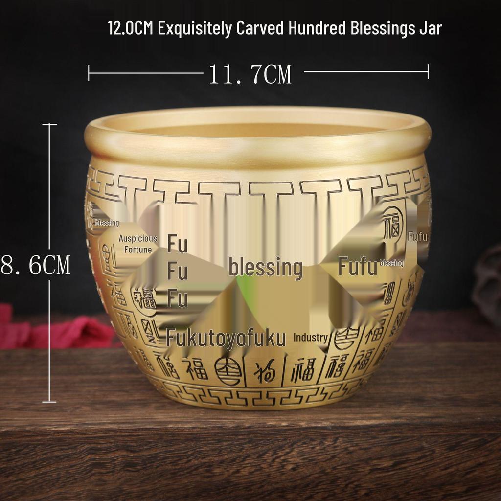 Brass Rice Jar: Home Decoration Treasure Basin with Hundred Blessings Couplet