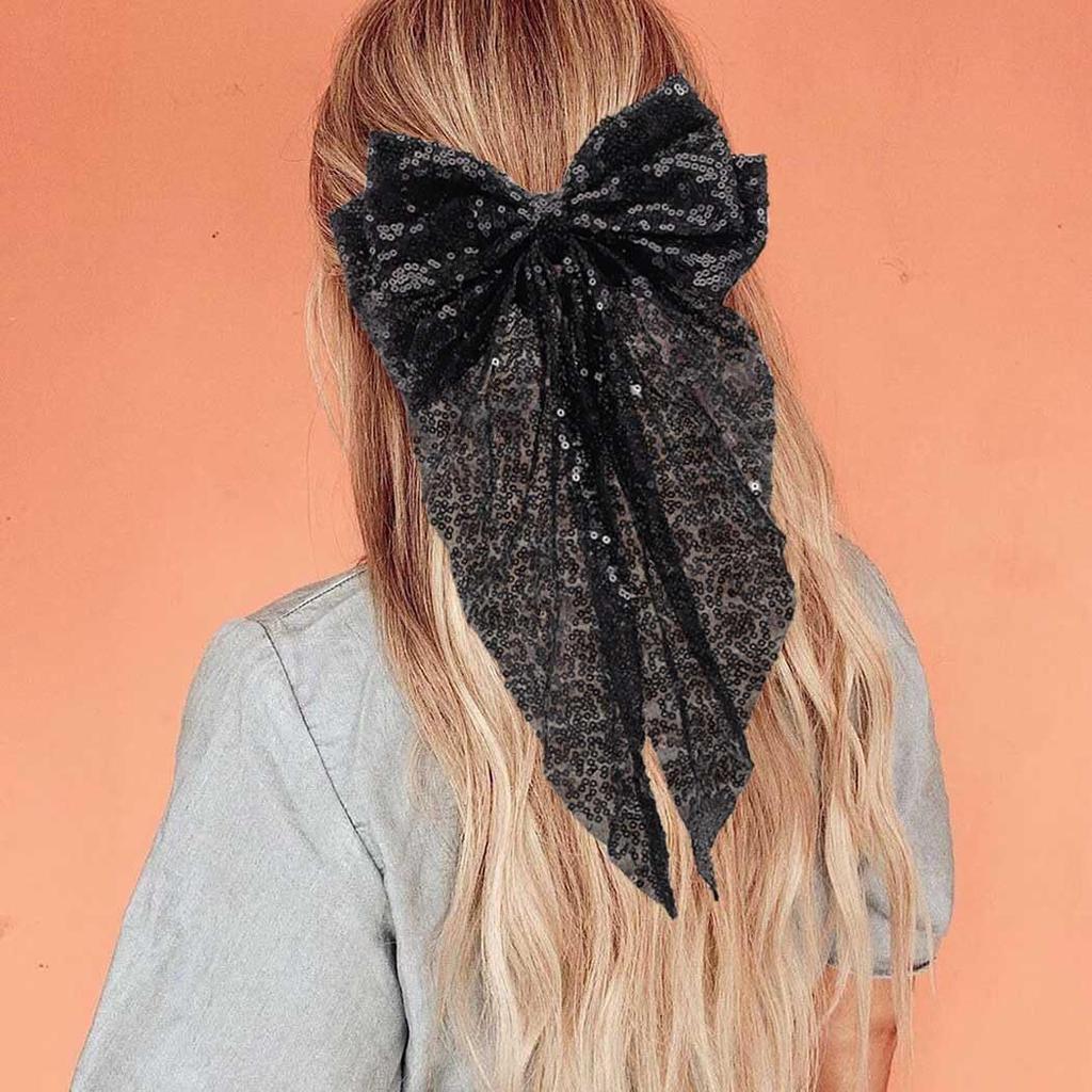 Fashionable Sequined Bow Spring Clip Mesh Ribbon Hair Clip Elegant Christmas and New Year Party Hair Accessory