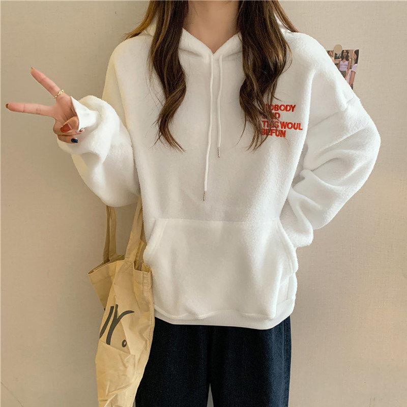 Cross-border real shot hooded fleece thickened 300g lamb fleece furry sweater women's Korean version autumn and winter warm jacket
