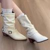 Fashion Belt Buckle Riding Boots Women 2025 Autumn Sexy Pointed Toe Medium Heel Western Boots Casual White Pu Slip On Booties