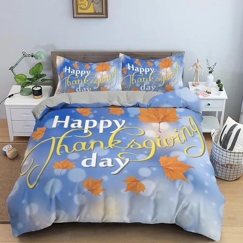 Autumn Thanksgiving Day Duvet Cover King Queen Cartoon Orange Pumpkin Turkey Bedding Set Maple Leaves Soft Polyester Quilt Cover
