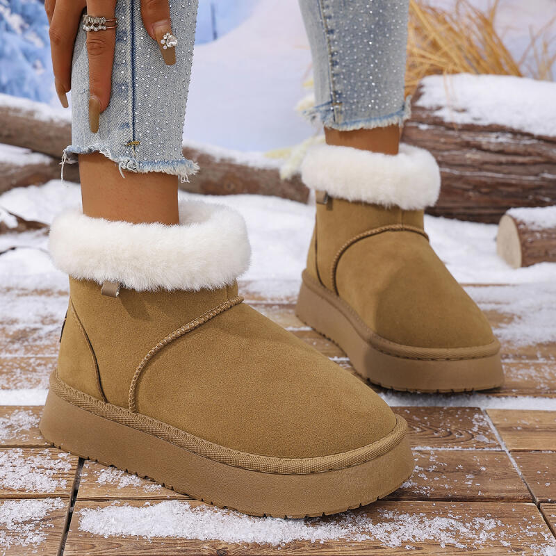 Модные женские классические однотонные пушистые меховые зимние теплые короткие плюшевые ботильоны цвета хаки, повседневная обувь на толстой подошве для женщин