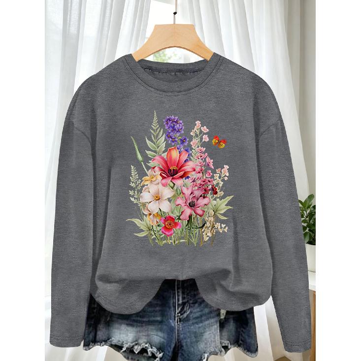 Plus size women's long sleeve T Shirt Mixed-color wildflower butterfly forest-themed colorful vintage watercolor floral print Daily outfits for home,