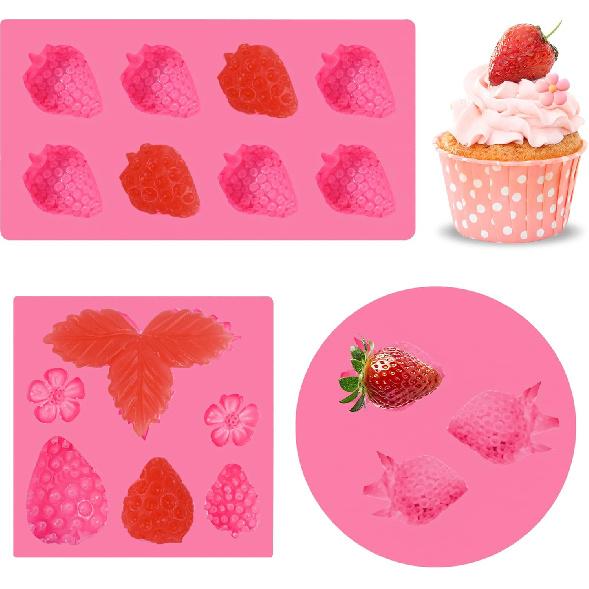 3Pcs Strawberry Silicone Mold Flowers 3D Strawberry Fondant Mold for DIY Cupcakes Fruit Gummies Chocolate Jelly Cookies Dessert