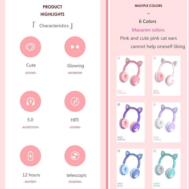 Bluetooth-наушники, светящиеся светодиодные милые кошачьи ушки, подарок для девочек, детская гарнитура, беспроводная HIFI стерео басовая вилка 3,5 мм с микрофоном