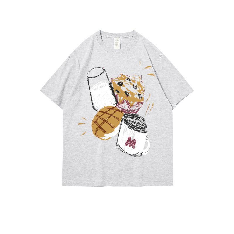 100% Чистый Хлопок Серый Женская Европейская Летняя Футболка с Коротким Рукавом - Трендовый Американский Нишевый Дизайн