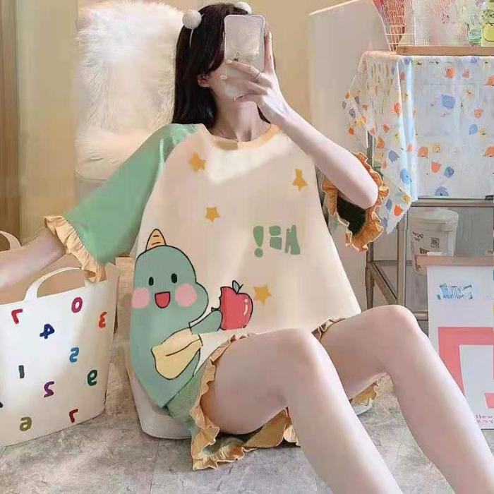 Women's Pajamas Set Summer Cute Cartoon Print Leisure Young Girls Sleepwear Short Sleeve Tops and Shorts Pijamas Women Homewear