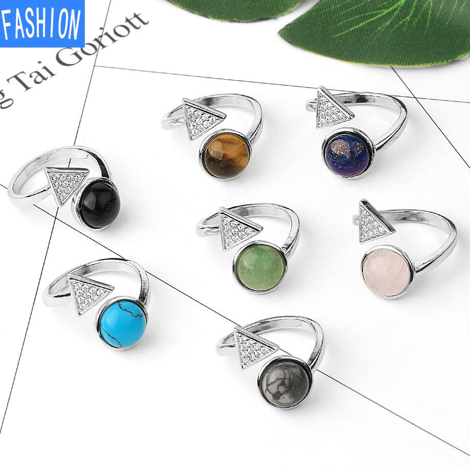 Natural Stone Round Crystal Triangle Adjustable Ring Gift for Women