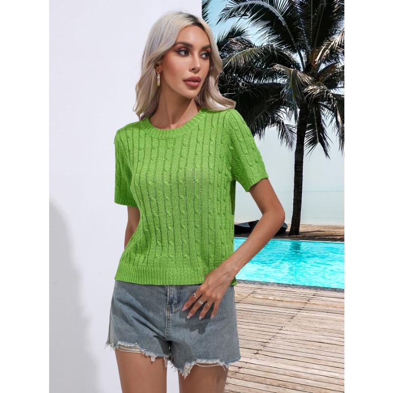 Women's Twist Short Sleeve Pullover Knit Sweater Spring and Summer Round Neck Solid Colour Knitwear