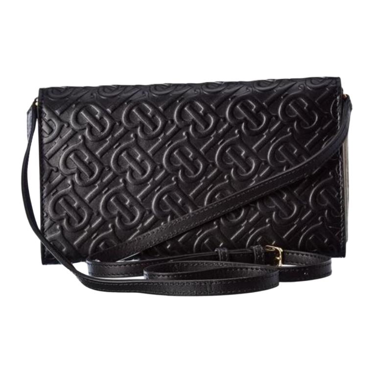 Burberry TB Monogram Embossed Leather Crossbody Wallet Bag Black Gold Hardware Fashion Daily Use 80104801