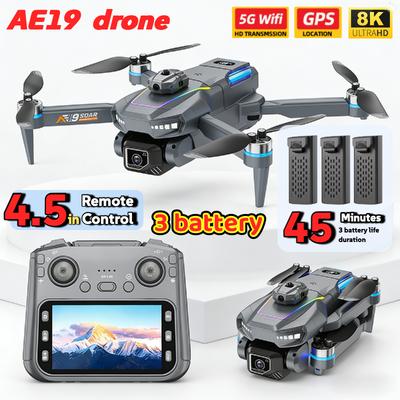 GPS-дрон AE19 8K/4K с двумя камерами, 4,3-дюймовый ЖК-экран, 360° обнаружение препятствий, 3 варианта аккумулятора, профессиональный квадрокоптер с пультом ДУ для подарков и путешествий