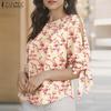 Женская повседневная блузка с круглым вырезом, шнуровкой, рукавом три четверти и цветочным принтом