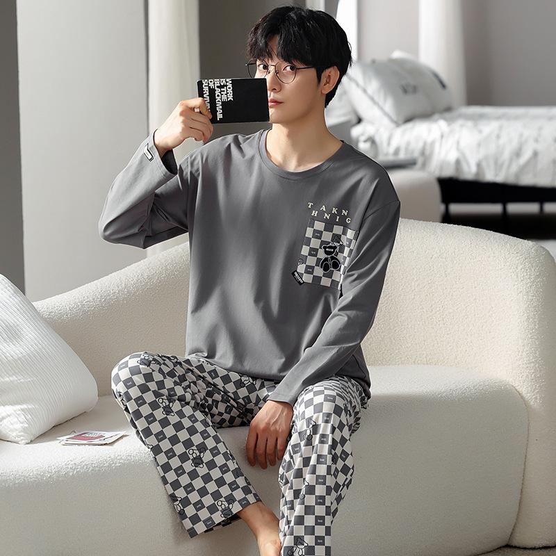 Тип Пижамный костюм из чистого хлопка на осень-зиму для мужчин с длинными рукавами из хлопка, комплект домашней одежды для мужчин, мягкая домашняя одежда для мужчин