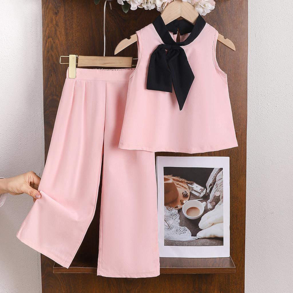 Модный комплект для девочек 2025 года, летний детский повседневный свободный топ без рукавов с круглым вырезом + брюки