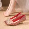 Spring New Large Size French Red Wedding Shoes Bride Shoes Rhinestone High Heels Women's Pointed Single Shoes